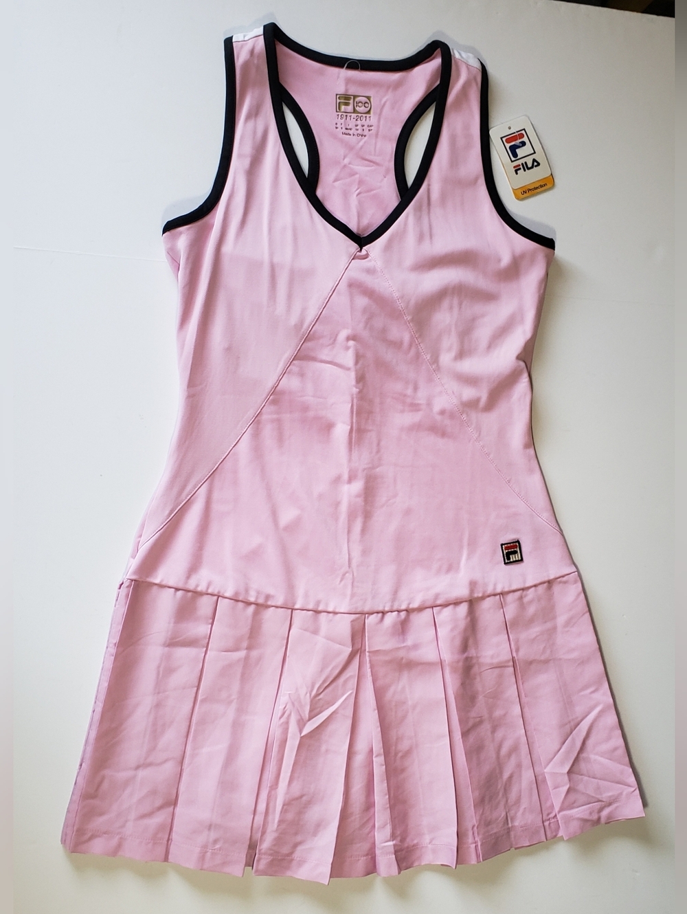 Fila Baby Pink Pleated Skirt Tennis Dress Black Trim Racerback Women's Size S